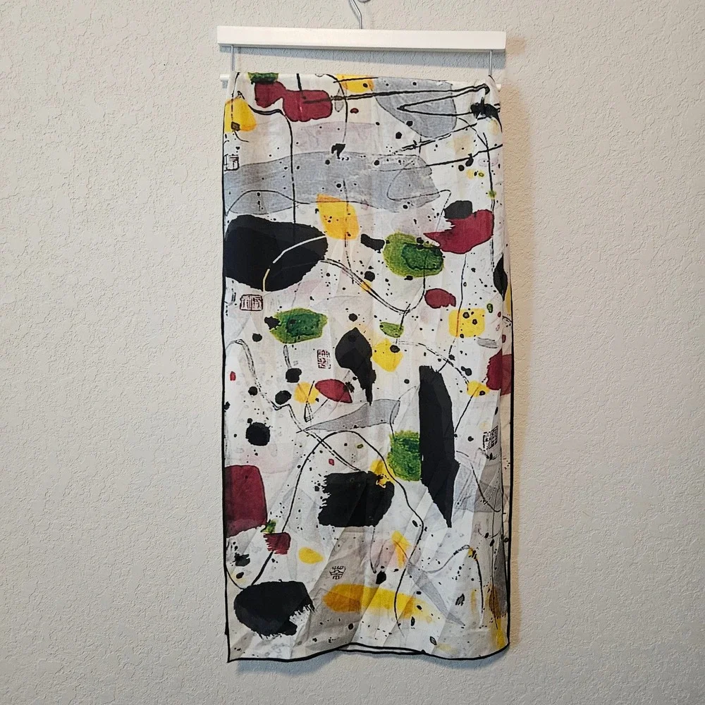 Cocoon House 100% Silk Scarf Abstract Art Print Multicolor Handmade Rectangle